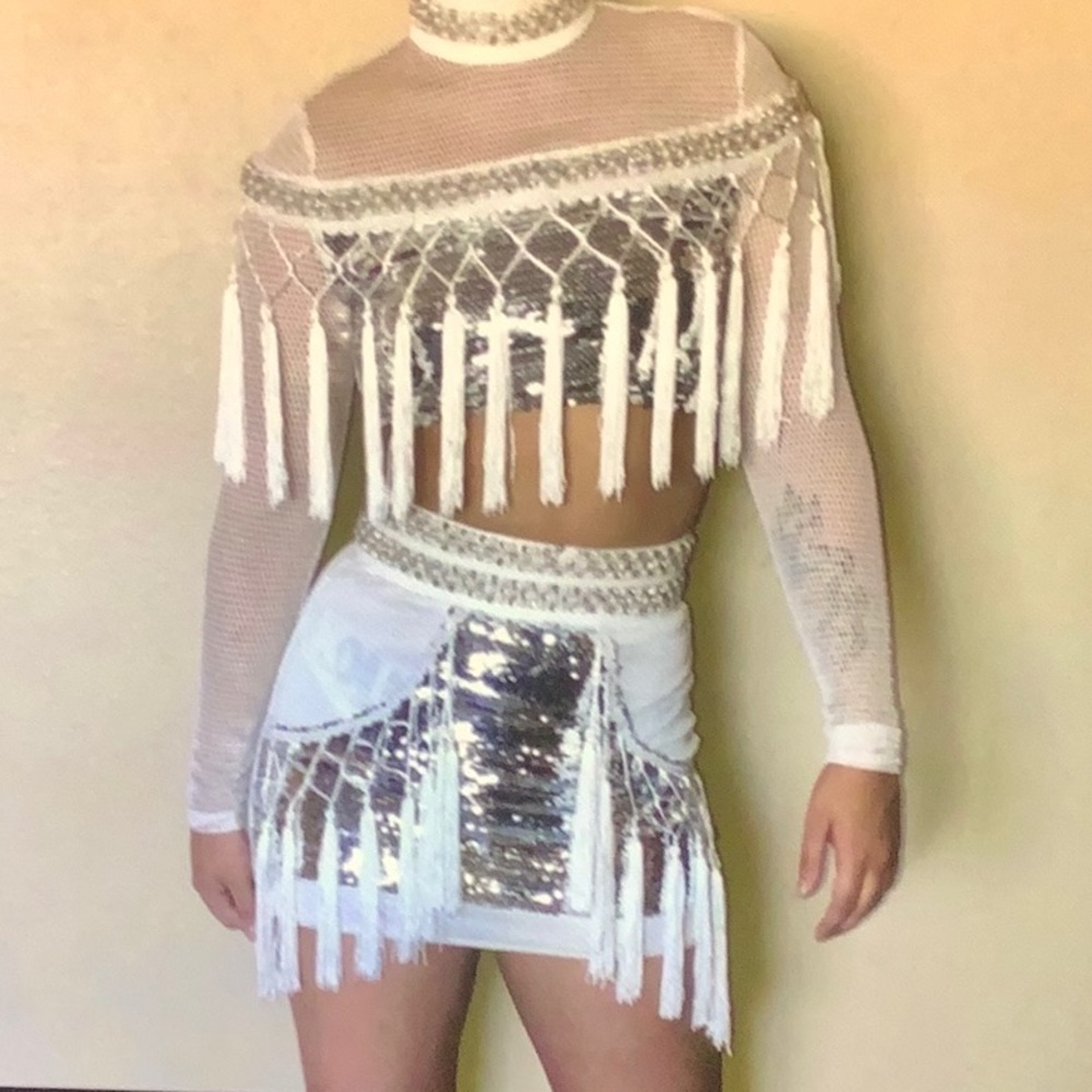 Sequins fringe two piece mini skirt